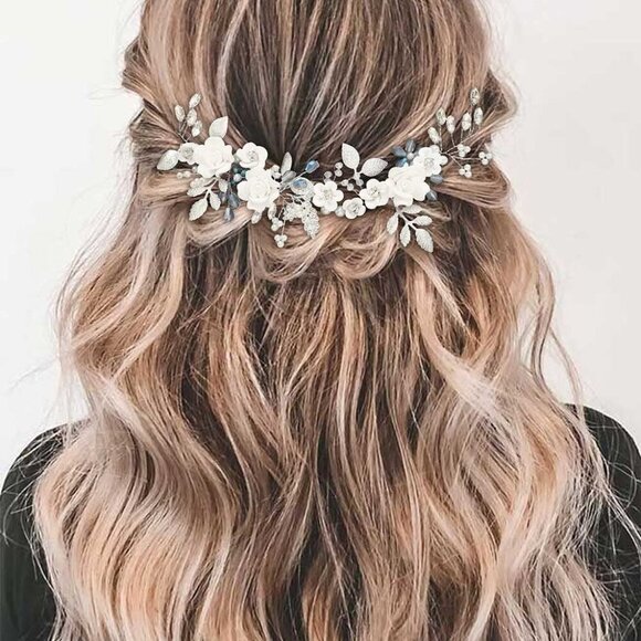 Wedding Hair Vine Blue Rhinestone Bridal Headpiece Crystal Leaf Flower Jewelry - Picture 4 of 7